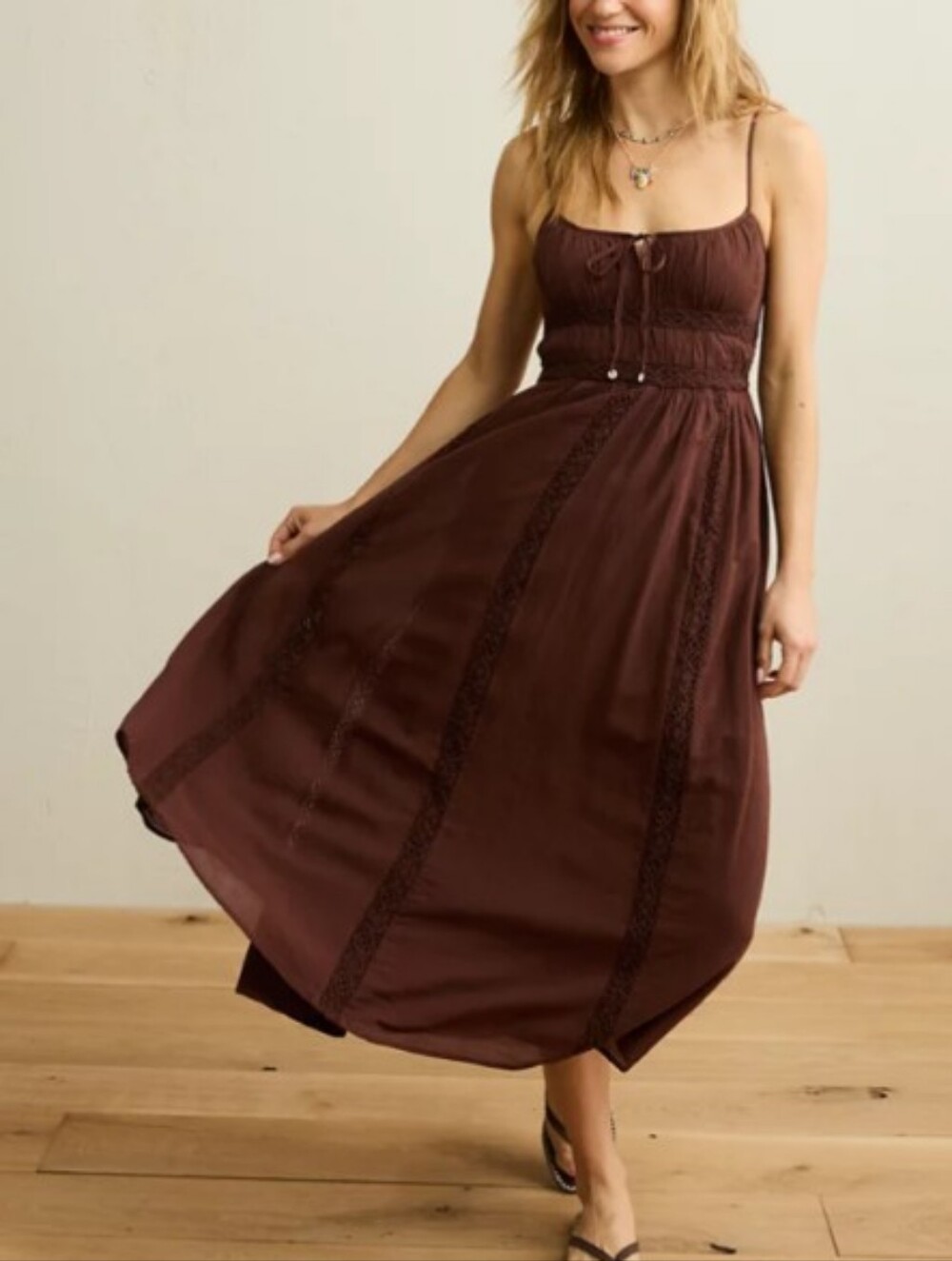 American Eagle Tie-Front Lace Midi Dress